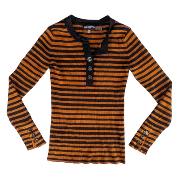 Karl Lagerfeld Sweaters - Karl Lagerfeld Striped Henley Button Sleeve Stretch Lightweight Sweater